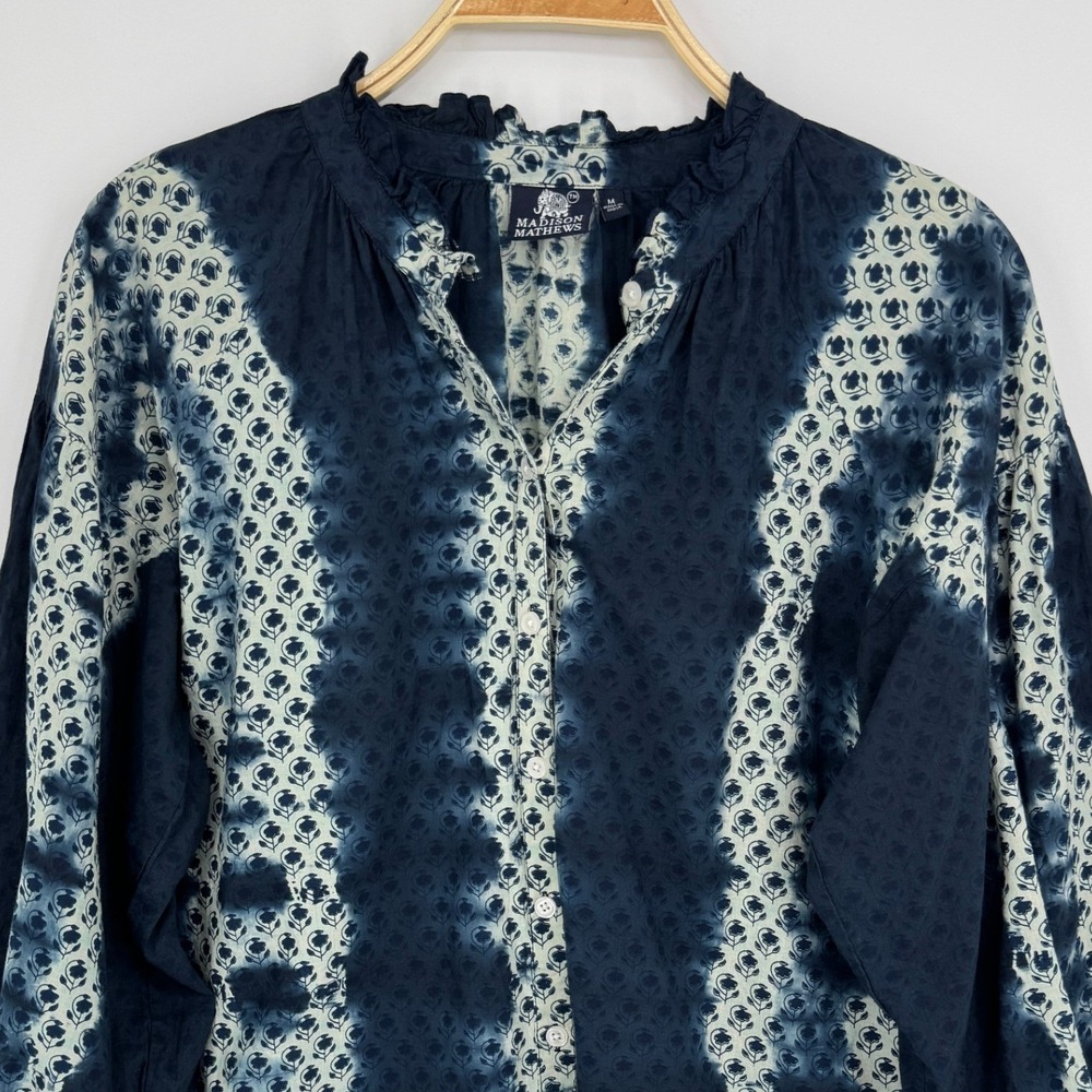 Madison Mathews Tie Dye Button Front Top Medium Navy Blue Boho Coastal Cotton - Picture 3 of 9